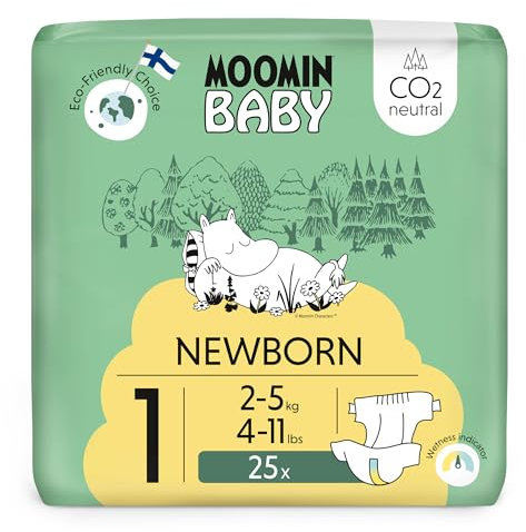 Moomin Baby Neugeboren Öko Windeln Größe 1, 2-5 kg 25 Stück, Weiche Premium Windeln mit Nässeindikator | Weich und hautfreundlich, Atmungsaktiv, Saugfähig, Keine unnötigen Chemikalien |