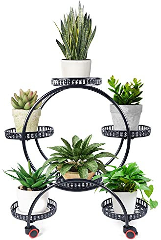 HUSPOO Soporte para plantas de 6 niveles, soporte de metal con rueda, escaleras para flores, estantería decorativa para plantas, escaleras para la esquina de la habitación, salón, balcón, terraza,