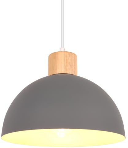 iDEGU 25cm Hängelampe Retro E27 LED Hängeleuchte Moderne Skandinavisch Deckenleuchte aus Metall Holz Pendelleuchte für Schlafzimmer Esszimmer Küche Restaurant (Grau, 1 Stück)