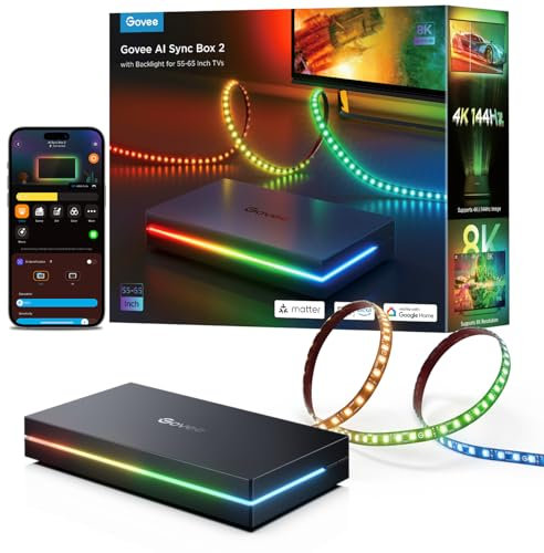 Govee HDMI 2.1 Sync Box AI Kit 2, Compris Rétroéclairage du TV, Prend en Charge 8K@60Hz, 4K@144Hz, VRR et ALLM, Fonctionne avec Matter, Bande LED RGBIC du Téléviseurs de 55 à 65 inch, 75 LED/m