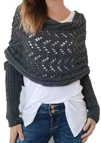 WUODHTW Scialle da donna in maglia con maniche avvolgenti in crochet, sciarpa con cappuccio multifunzionale con maniche, scialle, Grigio scuro, Etichettalia unica