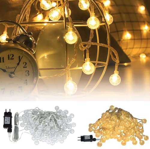 LZQ Cadena de luces LED para exteriores, color blanco cálido, cadena de luces esféricas con 8 modos, 20 m, 160 ledes, transparente, para exterior/interior, con enchufe para decoración de fiestas,