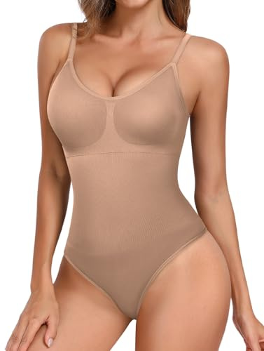 Tuopuda Body Gainant Femme Ventre Plat Body Sculptant Bodysuit Shaper avec Soutien-Gorge String Minceur Shapewear Gaine Amincissante Spaghetti Strap Lingerie Camisole Top Chic Élégant, Café clair, M