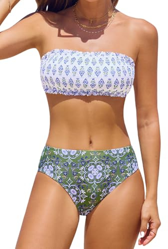 CUPSHE Bikini Set for Women Two Piece Swimsuit Bandeau Top Back Tie Mid Waisted Bottom with Removable Shoulder Straps, L