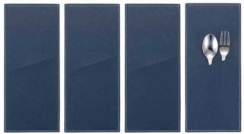 QUARKZMAN 4 Fundas de Cuero para Cubiertos Porta Cubiertos Cuchillo y Tenedor Bolsa Bolsillo de Almacenamiento de Cubiertos para Mesa de Cena Decoración de Cocina en Casa, Azul Oscuro