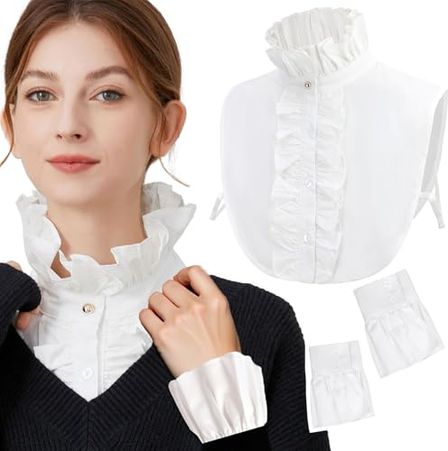 XEPST Blusa vintage con cuello con volantes para mujer, cuello desmontable, blusas victorianas, blusa blanca renacentista, accesorios de disfraz de Halloween