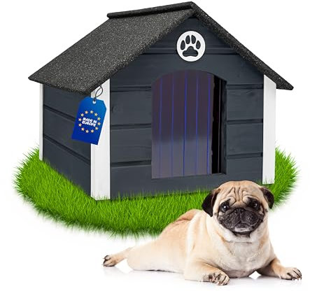 Outentin Hundehütte Outdoor Isoliert - Hundehaus für Mittelgroße Hund - Winterfest und Wetterfest - Hunde Haus für Draußen mit schrägem Dach - Stabile Villa und Moderne Design - 76 x 60 x 60cm-Grau