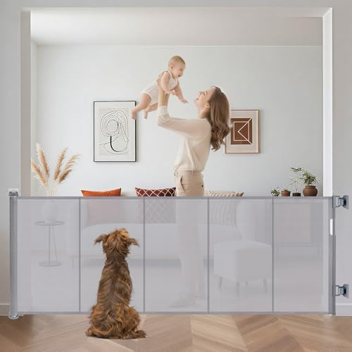 Extra Wide Retractable Baby Gates Pet Gate for Wide Openings Long Dog gate with Rods to Prevent Crawling Through, One Handed Operation,Dog Gates for Doorways Indoor Outdoor