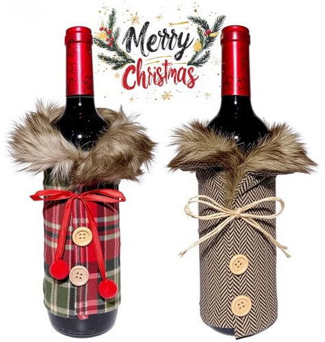 Lurmivex 2PCS Christmas Wine Bottle Covers, Christmas Bow & Tartan Design, Premium Fabric Christmas Wine Accessories for Christmas Decor, Christmas Decorations for Home & Party, Christmas Gifts