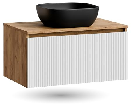 Planetmöbel - Set di mobili da bagno, armadietto lavabo da 80 cm, in rovere Arisa, oro bianco (con nervature), lavabo 42 cm nero, incluso sifone salvaspazio
