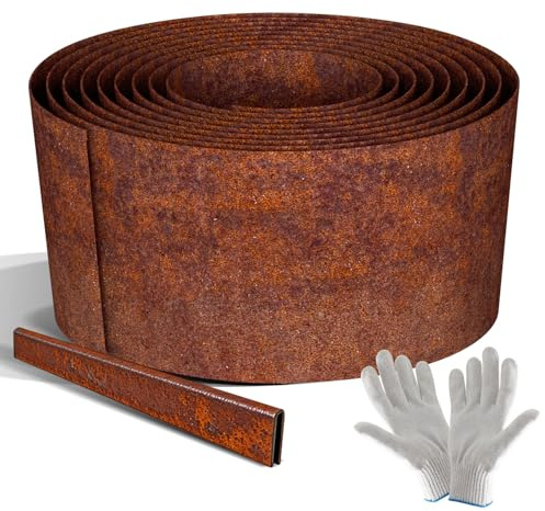Mantigositeen gräskant av cortenstål 10 m × 15 cm × 0,3 mm, flexibel rabattinfattning, enkel montering, rostoptik metall, rabattkant för trädgård, rabatt gräsmatta (med 1 par monteringshandskar ingår)