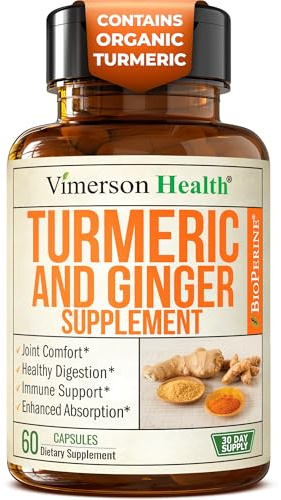 Turmeric and Ginger Supplement with Black Pepper for Joint Support, Digestive & Gut Health - Contains Organic Turmeric with Ginger Root Supplement and BioPerine for Enhanced Absorption - 60 Capsules