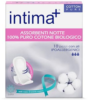 Intima+ | Assorbenti da Notte con Ali, 100% Puro Cotone Biologico, per Intimo Donna, Ipoallergenici, BIO, 10 Pezzi