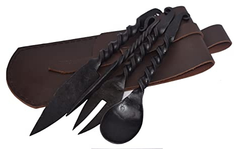 Viking Traders Hand-Forged Medieval Twisted Dining Hall Eating/Feasting Utensils set of 4 Piece Functional Fork Knife Spoon and Food Stick Medieval Eating Set, with genuine leather pouch for carrying.