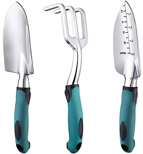 BIGP Ensemble d'outils de Jardin, Trois pièces d’Outils de Jardinage Lourds moulés en Aluminium avec Une poignée antidérapante caoutchoutée - Truelle, Transplantoir et Râteau à Main