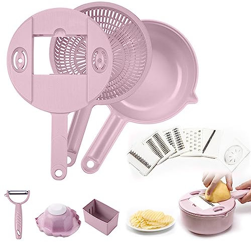 Tagliaverdure con contenitore, 12 in 1, multifunzione, affettatrice per verdure, frutta, grattugia da cucina, lame in acciaio inox con cestello di scarico