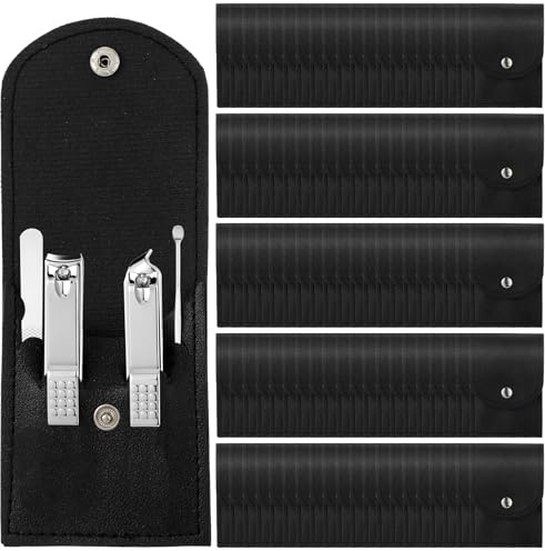Lasnten 100 Bulk Nail Clipper Set Bulk Manicure Kit Stainless Steel Pedicure Professional Nail Care Kit with Travel Case Portable Grooming for Husband Men Women Family(Black,4 in 1)