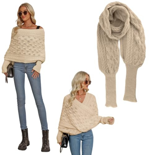ISAKEN Sciarpa con Maniche per Donna Sciarpe da Donna Avvolgicavo Lavorato a Maglia Sciarpa Invernale alla Moda Sciarpa Scialle Mantella Maglione Poncho Caldo Autunno e Inverno