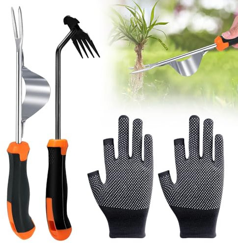 SKIKHN Desherbeur Manuel, 2 Pièces Arrache Mauvaise Herbe en Acier Inoxydable, 34cm Outil De Désherbage Manuel avec Poignée en Caoutchouc, pour Creuser Désherber Ameublir