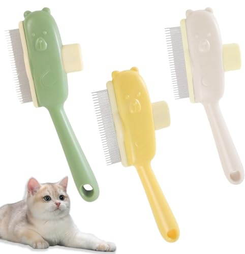 JEYORZY 3 Pezzi Spazzola per Gatti,Pettine Autopulente per Gatti,Pettine per Rimozione Peli Animali Domestici,Pettine per Pulci per Gatti,Pettine Massaggiante con Pulsante Di