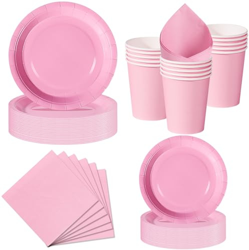 Nkaiso Party Plates Cups and Napkins Set, 50 Piece Pink Party Tableware, Disposable Paper Plates Cups Napkins for Birthday BBQ Picnic Dinnerware Party Supplies
