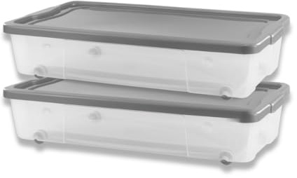 Khanary 47L Underbed Plastic Storage Boxes with Lid Rolling Wheels Container| Nestable Stacking container |Garage Organizer Flat Organizer Box (47 L Underbed Box- Clear, Pack Of 2)