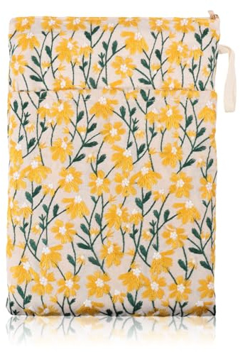 GLOBLELAND Buchhülle Mit Blumenstickerei Gelber Gänseblümchen Buchschutz Mit Tragegriff Für Taschenbücher Und Hardcover Bücher Geschenk Für Bücherliebhaberinnen Zum Geburtstag 31x23cm