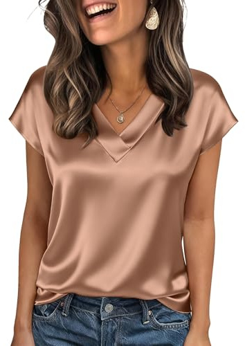 Zeagoo Blusa satén Mujer Manga Corta Cuello en V Seda Tops Elegantes Camisa | Negocios Blusa de Seda| de Verano Silk Blouse| Tshirt| S-XXL