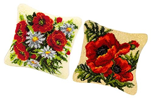 Harilla 2 Pack Flower Cushion Pillow Latch Hook Kits with Basic Tools Latch Hook Cushion Kits Hooks Set for Adults Craft Set Cushions Beginners Hooks Rugs to Make DIY Decor,Style A