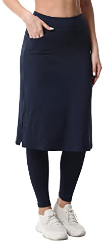 Women's Modest Long Skirt with Attached Leggings Pockets Midi Cover Up Workout Skirted Capris ny m Navy