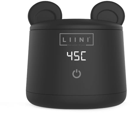 LIINI® BASIC Flaschenwärmer mit Akku, 45W, schwarz – 4 Stufen 37/40/45/50°C, Akku 9.000 mAh, unterwegs & zuhause, USB-C, Staubschutz im Bärenohren-Look, BPA-frei, CE/RoHS