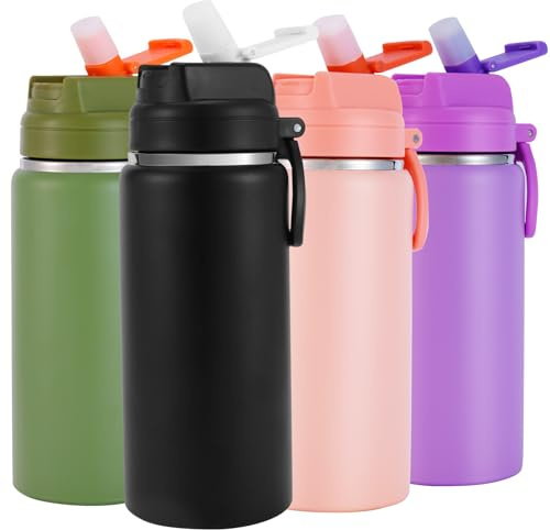 SUPPRUI Isolierte Wasserflasche, 600 ml Edelstahl, doppelwandig, auslaufsicher, hält Getränke heiß und kalt, Schwarz