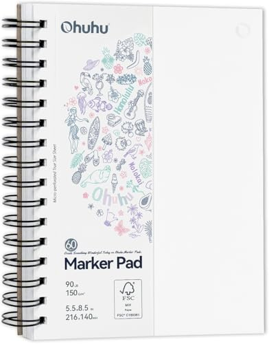 Ohuhu Carnet de Dessin A5 - Recto-Verso Sans Saignement, Papier Lisse 150 g/m², 60 Feuilles/120 Pages, Reliure à Spirale pour Marqueurs Alcool, Idéal pour Dessin, Écriture, Artistes