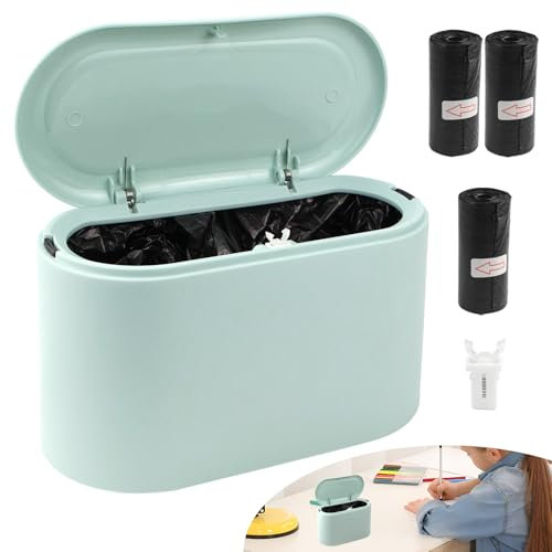 FAELNK Cubo De Basura De Mesa Con Tapa De Resorte Mini Papelera Escritorio Pequeña Con 3 Rollos De Bolsas De Basura Para Escritorio BañO Cocina Dormitorio Oficina Coche 2L (Azul)