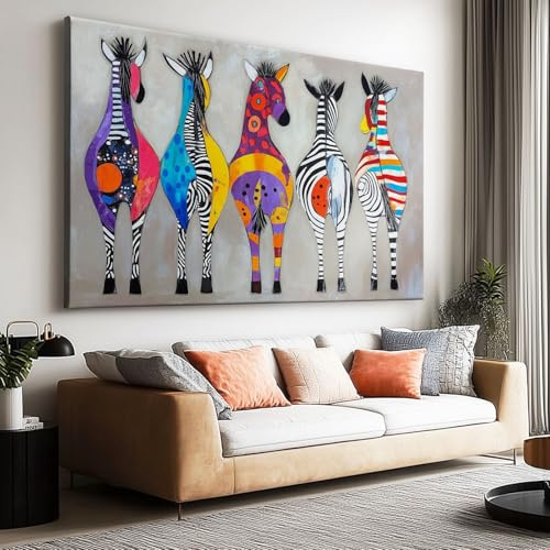 Leinwandbild XXL Ungerahmt 120x80 cm - Bunte Zebras Pop Art Abstrakt - Modernes Tier Wandbild für Wohnzimmer, Schlafzimmer & Jugendzimmer - Farbenfrohes Poster auf Canvas