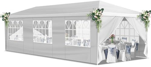 Bonnol Tonnelle de Jardin 3x9m avec 8 Parois latérales Amovibles Protection UV 50+ imperméable Barnum Stable et résistant Gazebo de Jardin pour marchés Festivals Camping Mariages Blanc