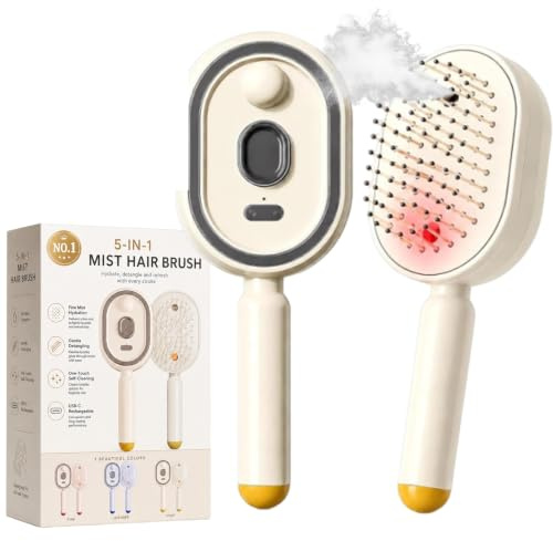 Peigne De Massage Electrique a Spray, Brosse Vapeur Cheveux 5 en 1 avec Brume Fine, Mode Lumière Rouge, Nettoyage Rétractable, Anti-Nœuds et Antistatique pour Cheveux Frisottés (Beige)