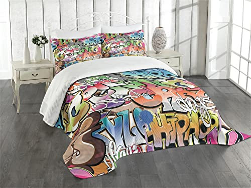 ABAKUHAUS urban Graffiti Tagesdecke Set, Blockbuster Schlagwörter, Set mit Kissenbezügen Waschbar, für Einselbetten 170 x 220 cm,Mehrfarbig Blasse Taupe