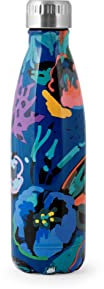 H&H Botella térmica de acero inoxidable 18/10 sin BPA, botella de agua reutilizable, para adultos y niños, termo de metal para bebidas calientes o frías con diseño estampado de flores, 500 ml, Azul