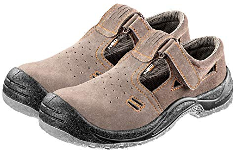NEO TOOLS Sandalias de seguridad para hombre, S1 SRC, de piel, Zapatos de trabajo reforzados, suela antideslizante antiestática, talón resistente a los golpes, puntera de composite, Marrón, talla 42