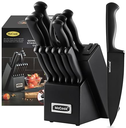 McCook® Knife Sets,German Stainless Steel Knife Block Sets with Built-in Sharpener, 15-Piece Razor-Sharp Kitchen Knives with Ergonomic Handles, Elegant Box for Gift, Black
