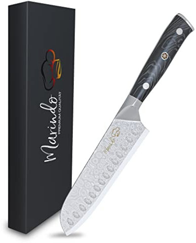 Marindo® Santoku Damastmesser aus Damaszener Stahl 17,8 cm Klinge | japanisches Damast Küchenmesser mit Kullenschliff & stabilem Holzgriff | Santoku Messer Damast mit Geschenkverpackung