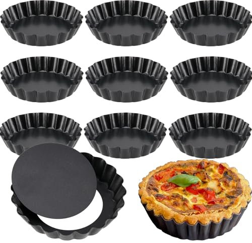 MOUYAT 10 Pack 10cm Round Quiche Dish, 4 Inch Non Stick Quiche Pan Tart Tin with Loose Bottom, Pie Tin Fluted Tart Pan for Baking, Quiches, Flans