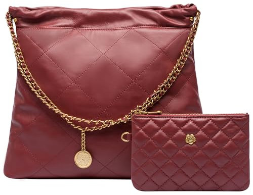 Doris&Jacky Gesteppte Leder-Tragetasche für Damen, große Schulter-Handtaschen, Reise- und Arbeitstasche, 3-weinrot, Large