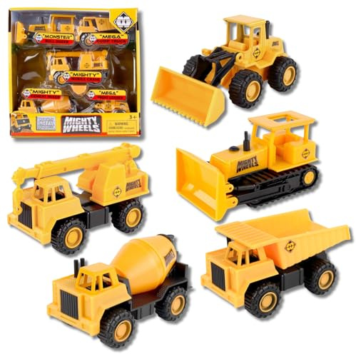 Mighty Wheels 5 Pc Steel Construction Truck Toys Set 3.5 - Includes Dump Truck, Front Loader, Bulldozer, Cement Mixer, Crane - Steel and Plastic Construction Toys for 3+ Year Old Boys and Girls