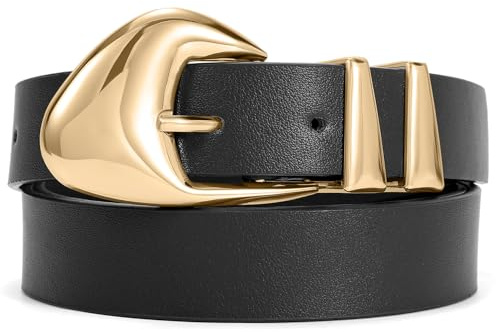 XZQTIVE Women's Leather Belts for Jeans Dress Pants Black Brown Belts for Women Ladies Waist Belts with Gold Buckle
