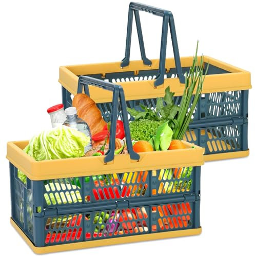 2 Stück Klappkiste Einkaufskorb, Klappboxen Faltbar Stabil, Klappkorb Klappkiste Plastik, Tragekorb mit Henkel, Kunststoff Faltkorb Klappbox, für Zuhause Picknicks Supermärkte (Gelb)
