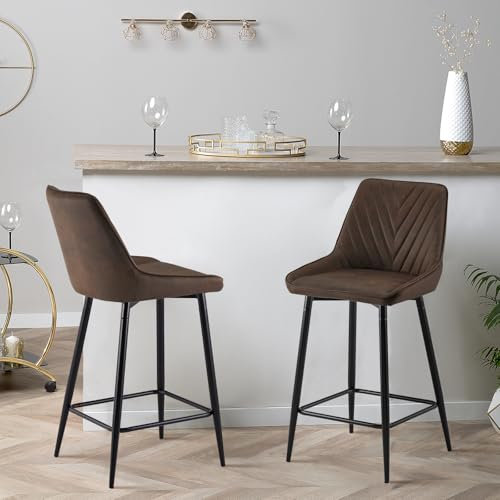 CLIPOP Bar Stools Set of 2, Faux Leather Padded Breakfast Bar Chairs with Backrest and Metal Legs,Industrial High Back Dining Stools for Home Kitchen Counter Pub Island (2, Brown-65cm seat height)