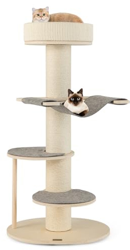 COSTWAY 120 cm klösträd trä, kattträd med hängmatta och 3 plattformar och sisalmatta & klöspelare, klösträd liten, katter kattmöbler, klätterträd aktivitetsträd lekträd, grått + natur