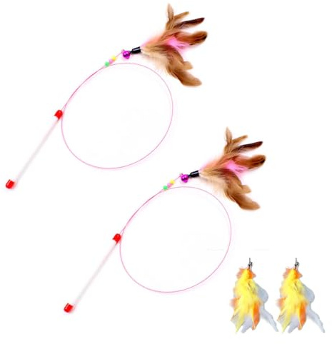 Dream Aurora 2Pcs Feather Teaser Cat Toy,with 2Pcs Cat Feather Toys Replacement,Interactive Cat Catcher and Exerciser Wand for Cats and Kitten Playing,with Bells and Feather